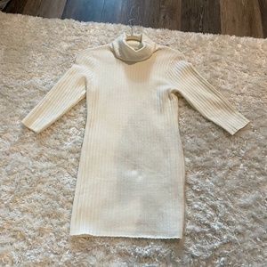 white ribbed 3/4 sleeve turtle neck sweater dress